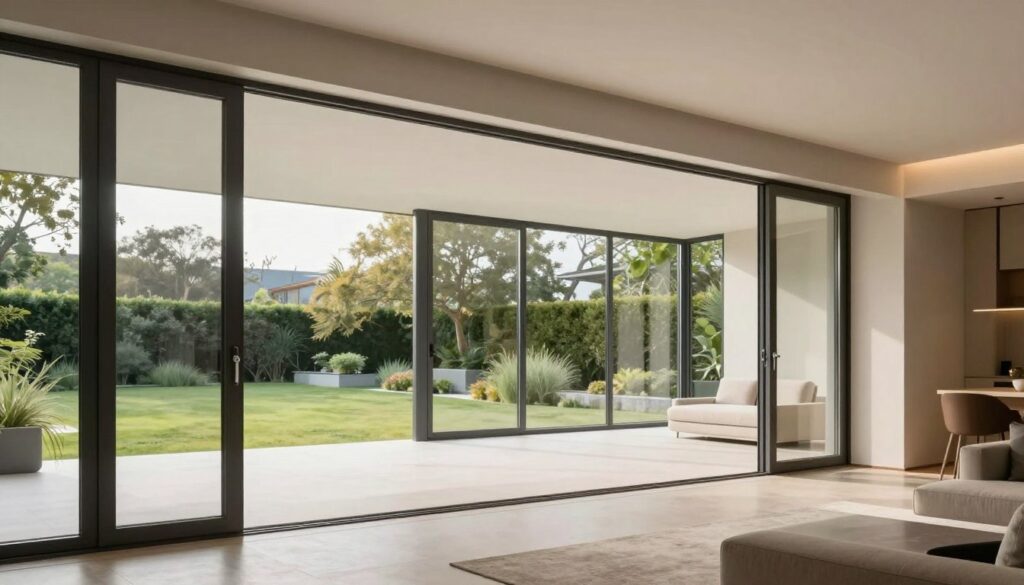 A contemporary living space showcasing Schüco windows and doors, emphasizing seamless integration with modern architecture. In the foreground, a sleek, minimalistic glass door opens onto a terrace, allowing natural light to flood the room. The middle ground features large Schüco windows with elegant frames, showcasing a breathtaking view of a landscaped garden. The background includes a stylish, serene atmosphere with soft, warm lighting, highlighting the aesthetic appeal of the materials and finishes. Utilize a photographic angle that captures the symmetry of the design, enhancing the sense of openness and sophistication. Emphasize clean lines and modern architectural elements, creating an inviting and luxurious ambiance perfect for illustrating design possibilities.