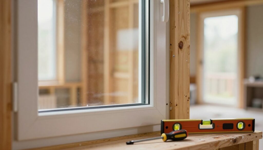 A cozy interior scene showcasing the process of window installation, emphasizing the importance of proper window fitting. In the foreground, a partially installed window reveals shiny new glass and weatherproofing material, while tools like a level and screwdriver rest beside it. The middle ground features a wall with visible framing and insulation, illustrating the meticulous care taken in this task. In the background, soft, natural light streams through an open space, creating an inviting atmosphere. The scene is framed from a slightly elevated angle to capture the depth and structure of the workspace, set in a warm, well-lit setting that highlights the craftsmanship and attention to detail essential for a successful window installation.