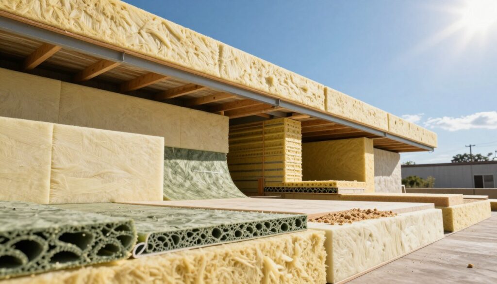 A cross-section view of a modern building showcasing various energy-efficient insulation materials, with a focus on those with low U-values such as mineral wool, foam board, and cellulose. In the foreground, display detailed textures of the insulation materials, highlighting their thickness and installation methods. The middle ground should illustrate the building structure, including exterior walls and cross-sectional beams, demonstrating how the insulation fits into the framework. In the background, depict a vibrant, sunlit environment with clear blue skies to convey an atmosphere of energy efficiency and sustainability. The lighting should be bright and natural, enhancing the materials’ colors and details, while the angle is slightly tilted to capture depth and perspective. The overall mood should be informative and professional, emphasizing the importance of insulation in energy-efficient building design.