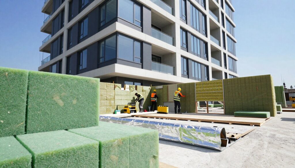 A cutting-edge modern building under construction showcasing innovative insulation techniques and U-value optimization. In the foreground, vibrant insulation materials are displayed, including eco-friendly foam boards and reflective barriers. The middle ground features workers in professional attire carefully applying insulation on walls, with construction tools scattered around. In the background, a sleek, multi-story building highlights large windows and energy-efficient design, framed by clear blue skies. The scene is illuminated by natural daylight, creating a sense of optimism and progress. The perspective is a slightly upward angle, emphasizing the height of the building while maintaining a focus on the details of the insulation materials and construction processes.