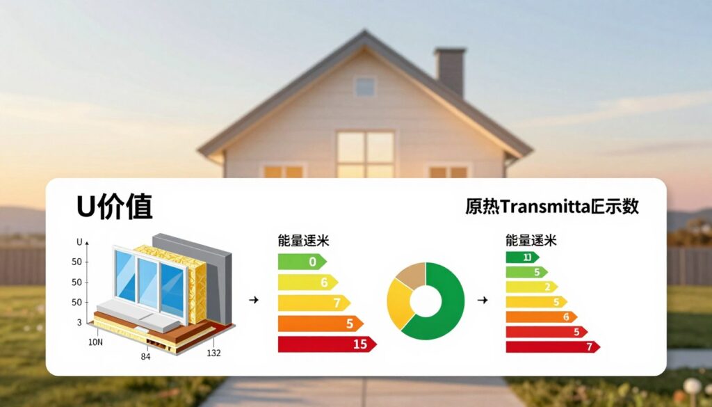 A detailed and informative infographic illustrating the comparison of U-value and thermal transmittance coefficient. The foreground features a clear breakdown of the U-value, represented by an illustrative diagram showing different building materials with their corresponding U-values, such as insulation, windows, and walls. In the middle, data visualizations like bar graphs or pie charts highlight energy efficiency statistics and their importance. The background consists of a sleek, modern home silhouette, with gradients suggesting warmth and energy conservation, reflecting sustainability. The lighting is bright and informative, simulating a daylight setting that enhances clarity. The overall mood is professional and educational, providing a sense of urgency and importance regarding energy efficiency in buildings. The composition should be balanced, without any human figures or extraneous elements, focusing solely on the subject.