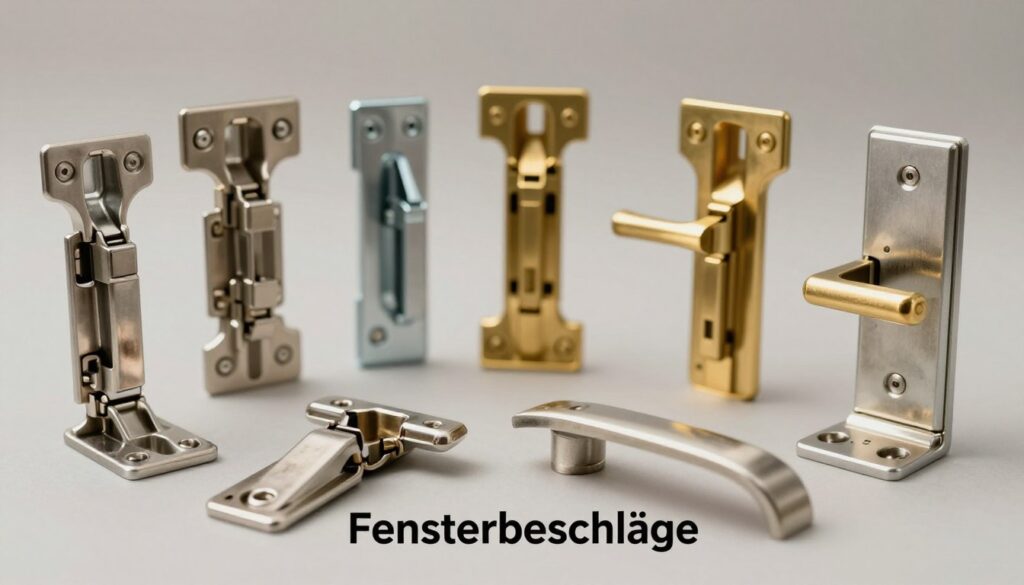 A detailed arrangement of various window fittings, or "Fensterbeschläge," prominently displayed in the foreground against a smooth, neutral background. Showcase a variety of types, such as hinges, locks, and handles, each crafted from different materials like stainless steel, brass, and aluminum, featuring intricate designs and finishes. Ensure meticulous lighting that accentuates the textures and gleam of the metals, creating a professional atmosphere. The composition should allow for a close-up view, capturing the craftsmanship and functionality of each fitting. Use a soft focus in the background to emphasize the fittings, creating a sense of depth. Aim for a clean and informative mood, suitable for a home improvement context.