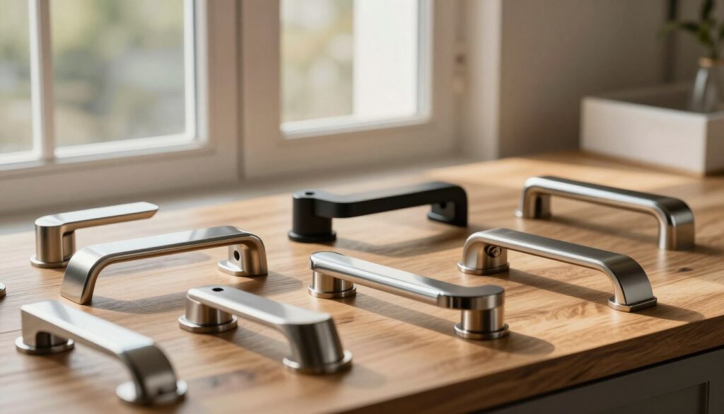 A detailed, close-up illustration of various modern window handles displayed elegantly on a textured wooden surface. The foreground features a selection of sleek, contemporary window handles made of brushed stainless steel, matte black, and polished chrome, showcasing different styles such as lever, hook, and pull designs. In the middle ground, a blurred background reveals stylish modern windows with unobtrusive frames, illuminated by soft natural light streaming in, casting gentle shadows. The lighting is warm and inviting, enhancing the textures of the handles. The atmosphere conveys sophistication and practicality, ideal for contemporary living spaces, emphasizing the aesthetic appeal and functionality of modern window fittings.