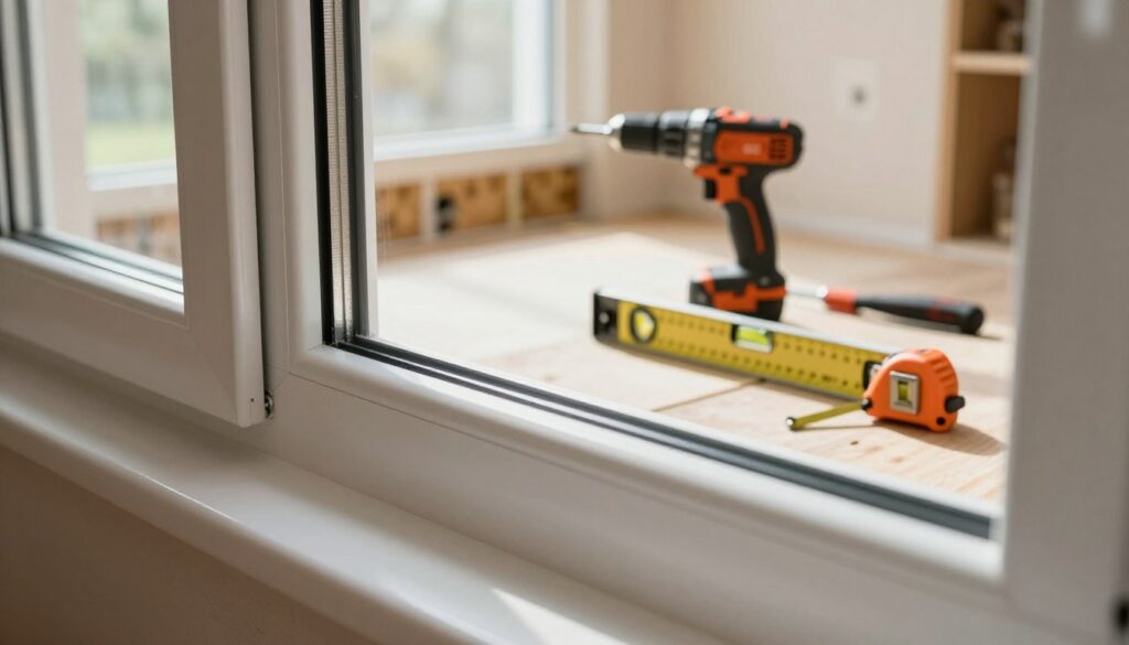 A detailed close-up image of a Kömmerling PVC window being expertly installed in a modern home. The foreground features the window frame, showcasing its sleek design and quality finish, with a focus on the precision of the installation. In the middle ground, various installation tools such as a drill, level, and measuring tape are neatly arranged, emphasizing the craftsmanship involved. The background displays a sunlit room with drywall and insulation, highlighting the transformation a new window can bring to a space. Soft, natural lighting fills the scene, creating a warm atmosphere. The angle captures both the window and the tools, providing a comprehensive view of the installation process while maintaining clarity and detail.