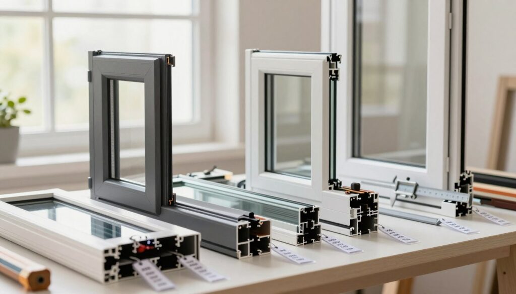 A detailed close-up image of a modern window installation scene, showcasing various types of windows, such as double-glazed and energy-efficient designs, arranged thoughtfully on a clean, organized workbench. In the foreground, transparent price tags with cost per square meter listings hang from the windows. The middle ground features a caliper measuring the thickness of the glass, symbolizing accurate quotations and budget considerations. In the background, soft natural lighting floods through a partially opened window, creating a warm, inviting atmosphere that reflects home improvement themes. The composition should emphasize clarity and professionalism, devoid of any human figures or clutter, to focus on the essence of window costs and additional fees involved in installation.