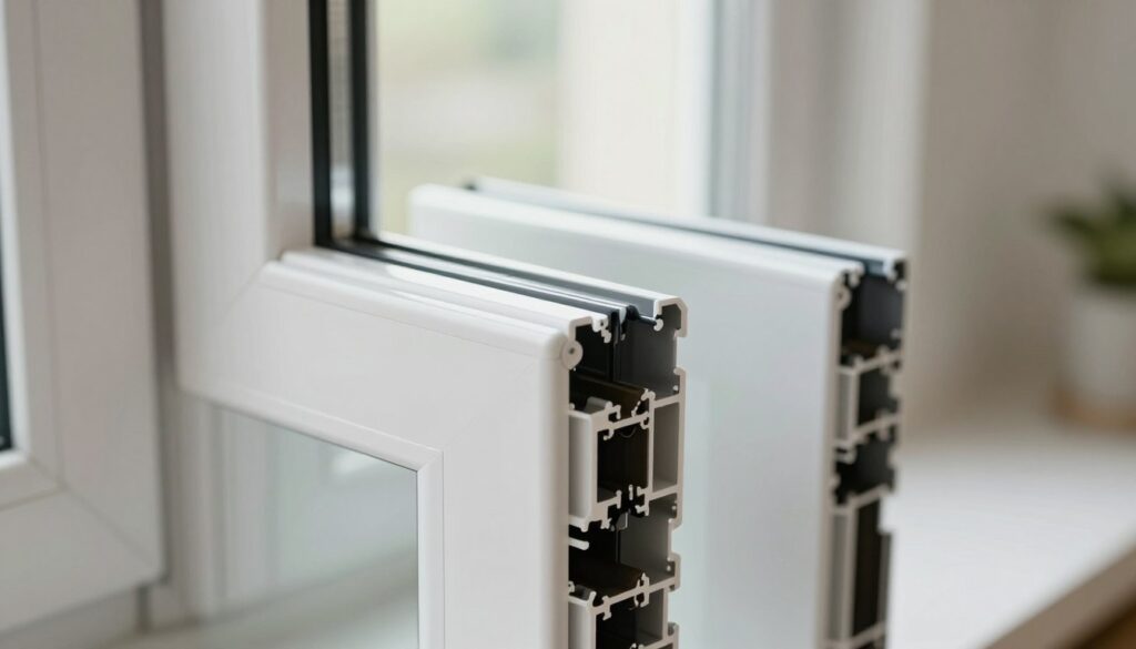 A detailed close-up of Aluplast window profiles, showcasing their sleek design and modern craftsmanship. The foreground features a shiny, white Aluplast window frame with subtle reflections, emphasizing its durability and elegance. The middle ground includes additional profiles, arranged to highlight their versatility and range of styles, with a gentle focus on corner connections and seals to illustrate quality. In the background, soft natural light filters through a partially open window, creating an inviting atmosphere that suggests cleanliness and maintenance ease. Subtle shadows enhance the three-dimensional appearance, while the environment exudes a tranquil and tidy indoor setting. The overall mood is professional and polished, ideal for showcasing the importance of care and maintenance for Aluplast windows.