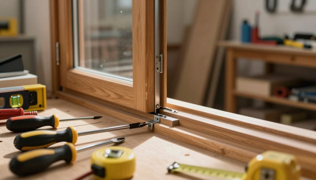 A detailed close-up of a wooden window frame being adjusted, showcasing the intricate window fittings and hardware being precisely aligned. The foreground features tools such as a screwdriver, level, and measuring tape artfully arranged around the frame, suggesting a professional setting. In the middle, the window is partially open, with light streaming through, casting dynamic shadows and enhancing the textures of the wood and metal components. In the background, a softly blurred workshop environment with shelves filled with various tools and materials creates a comprehensive atmosphere. The lighting is warm and natural, evoking a sense of productivity and craftsmanship while highlighting the meticulousness of window adjustment work.