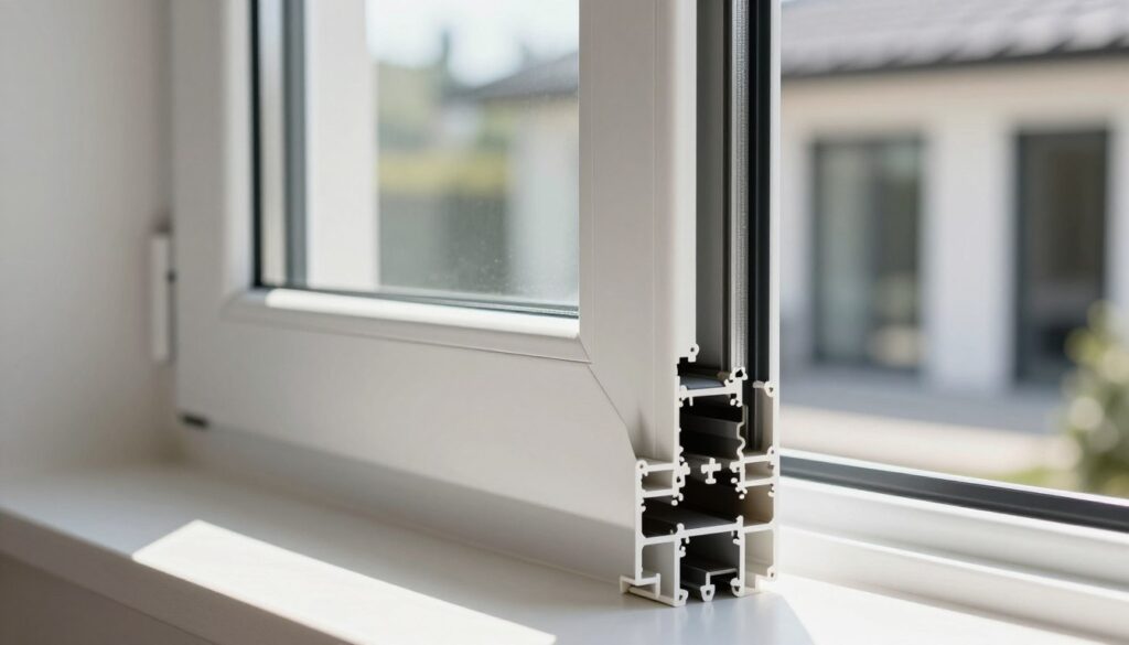 A detailed close-up of an Aluplast Kunststofffenster, showcasing its sleek profile and multi-chamber design. The foreground features the window frame, highlighting the smooth texture of the PVC material and the integration of thermal insulation components. In the middle ground, a well-lit scene with sunlight streaming through the window, illuminating the subtle color variations of the frame. The background shows a softly blurred view of a modern home exterior, emphasizing the window's seamless integration. The atmosphere conveys sophistication and modernity, with a focus on quality craftsmanship. The image should have bright, natural lighting, captured at a slight angle to enhance depth, and should be devoid of any text, logos, or human presence, ensuring a clean, professional look.