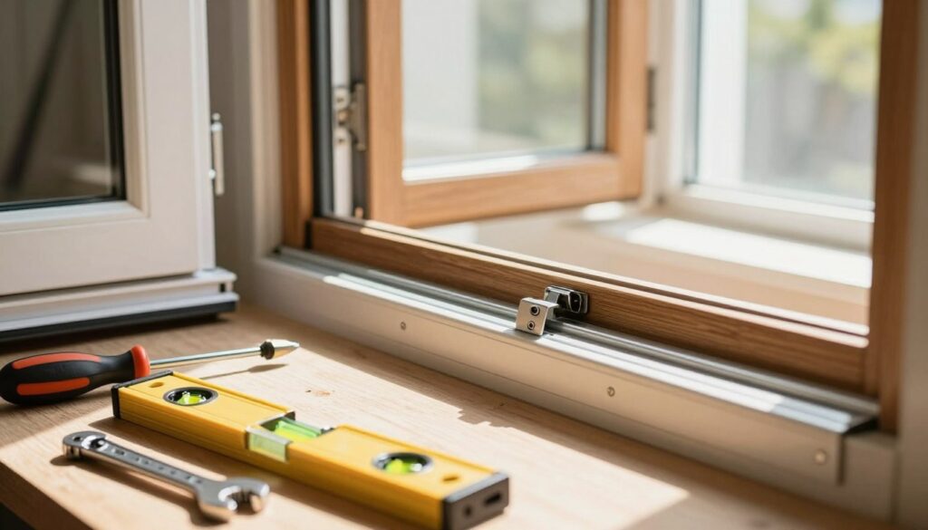 A detailed close-up of an open window being adjusted within various types of window frames, such as wooden, aluminum, and vinyl. The foreground features tools like a spirit level, screwdriver, and wrench, neatly organized on a workbench. In the middle, the focus is on the window frame with visible adjustment screws and hinges, showing the precise adjustments being made. The background showcases a well-lit interior room with sunlight filtering through the window, casting warm shadows. The scene should convey a professional, calm atmosphere, emphasizing careful craftsmanship and attention to detail, enhancing the understanding of window adjustment techniques. The lighting is natural and bright, appropriate for an instructional context.