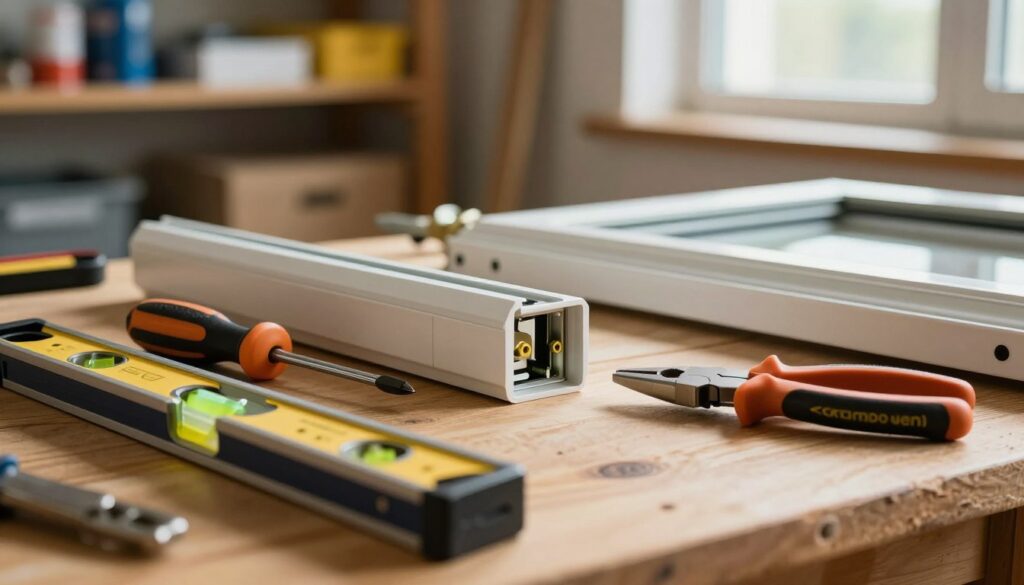 A detailed close-up of window fittings adjustment tools arranged neatly on a wooden workbench. The foreground features a precise level, a screwdriver, and a set of pliers, all glistening under soft, warm lighting that highlights their metallic surfaces. In the middle, there are partially opened window frames showcasing intricate adjustment mechanisms that are being carefully tuned. The background has blurred shelves filled with various home improvement materials, creating a workshop ambiance. Natural light streams through a nearby window, casting gentle shadows and creating a focused, professional atmosphere. The image conveys a sense of craftsmanship and attention to detail, ideal for a guide on avoiding common errors in window adjustments.