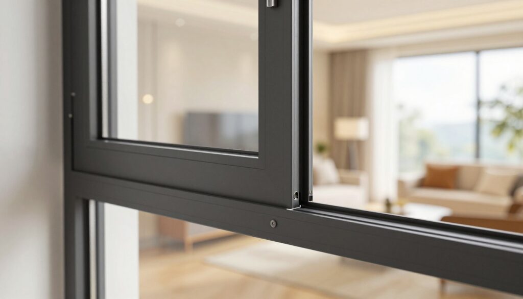 A detailed, close-up view of a modern security window showing reinforced glass and sturdy locking mechanisms. In the foreground, focus on the sleek design of the window frame with visible anti-burglary features like additional locks and sensors. The middle layer showcases the window partially open, allowing natural light to flood in, highlighting its robust construction. The background features a cozy, well-lit interior space, enhancing the sense of safety and security. The lighting should be bright and inviting, creating a warm atmosphere. Capture the essence of home protection with a slight emphasis on elegance and modernity. Ensure the image is free of any people, maintaining a professional tone.