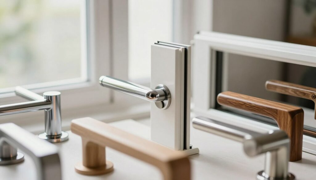 A detailed collection of various window handles (Fenstergriffe) displayed prominently in the foreground, showcasing different styles, materials, and finishes such as chrome, brushed nickel, and wood. In the middle ground, a sleek, modern window frame features an elegant handle design in action, while another frame with a classic handle is slightly blurred to suggest variety in fenstertypen. The background includes a soft focus of a bright, airy room with natural light streaming through the windows, enhancing the textures and colors of the handles. Capture the scene from a slightly elevated angle to provide depth and context, evoking a mood of sophistication and functional elegance, perfect for a home improvement guide.