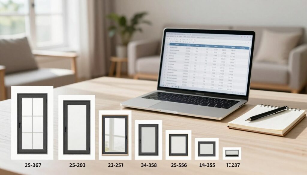 A detailed comparison chart illustrating window sizes and prices, set against a soft-focus background of a modern living space, evoking a sense of clarity and organization. The foreground features neatly arranged window samples in various sizes, each labeled with their price tags in clear, visible fonts. The middle ground showcases a sleek laptop displaying a spreadsheet with pricing comparisons, accented by a notepad and a stylus. The soft, natural lighting enters through an adjacent open window, casting gentle shadows that enhance the environment’s warmth. The overall mood conveys professionalism and practicality, making it ideal for home renovation planning, emphasizing the importance of window size in cost consideration.