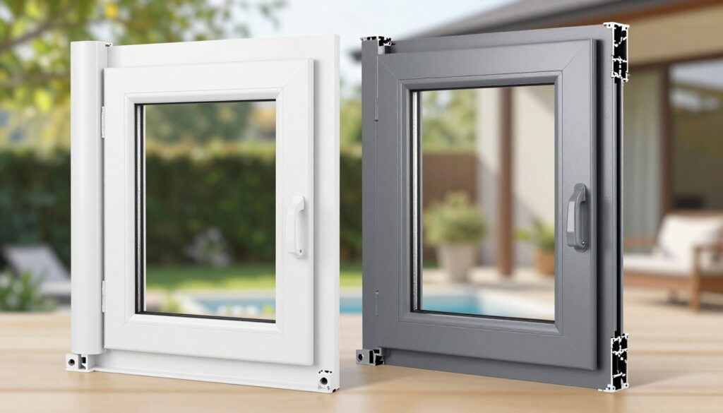 A detailed comparison image showcasing a plastic window (Kunststofffenster) and an aluminum window (Aluminiumfenster) side by side. In the foreground, the plastic window should be depicted with a smooth finish, visible insulation layers, and subtle textures indicating its durability. The aluminum window, in the middle, should feature a sleek, metallic surface, highlighted edges, and a minimalistic design to emphasize modern aesthetics. The background should be a softly blurred home exterior, showcasing natural light filtering through green trees, creating a warm and inviting atmosphere. The overall mood should be informative and professional, with balanced lighting that accentuates the features of both window types. The image should have a clean composition with no people or distractions, allowing a clear focus on the windows themselves.