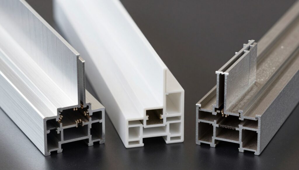 A detailed comparison image showcasing aluminum profiles, plastic profiles, and steel profiles side by side. In the foreground, display three distinct profile sections—each labeled and clearly showing their textures and colors: shiny metallic for aluminum, smooth matte for plastic, and rugged industrial for steel. In the middle ground, create a subtle gradient background that transitions from a light shade to dark, emphasizing the profiles without distraction. Use soft, natural lighting to highlight the materials' characteristics, casting gentle shadows for depth. The camera angle should be slightly elevated, focusing on the profiles while maintaining a clean and professional look. The mood should be informative and technical, ideal for a comparative analysis of materials.