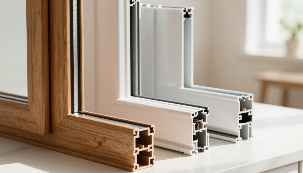 A detailed comparison image showcasing three types of window frames: a wooden frame, a plastic frame, and an aluminum frame. In the foreground, prominently display the wooden window frame with its rich grain and natural texture, alongside the smooth, sleek plastic frame. Position the aluminum frame in the middle ground, highlighting its modern, minimalistic design. The background should include a soft-focus view of a well-lit room with natural light streaming through, casting gentle shadows. Use soft, diffused lighting to create a warm and inviting atmosphere, emphasizing the different materials’ characteristics. Capture the scene from a slight angle to offer depth, ensuring a professional and aesthetically pleasing representation. No people should be present in the image.