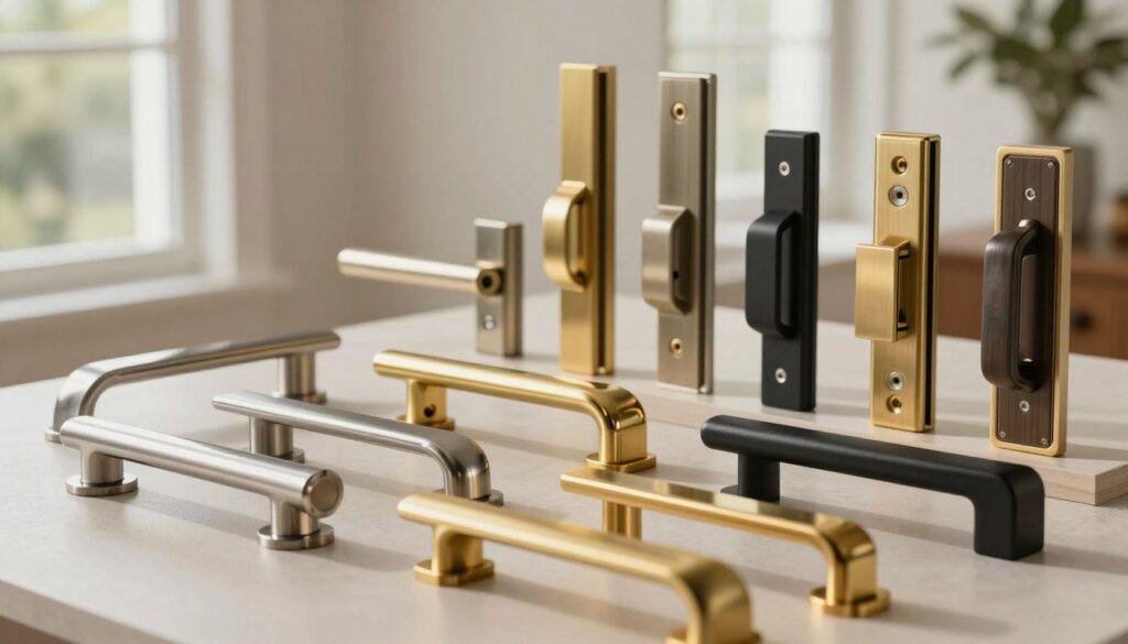 A detailed comparison of modern window handles and fittings, showcasing a variety of designs in an elegant display. In the foreground, a selection of stylish window handles in different materials like brushed steel, polished brass, and matte black, each placed on a flat surface. The middle section features diverse window fittings, including locks and hinges, artistically arranged to highlight their unique shapes and finishes. In the background, a soft-focus image of a contemporary interior setting with large windows that allow natural light to illuminate the scene, creating a warm and inviting atmosphere. The lighting is soft and diffused, casting gentle shadows for depth, and the perspective is slightly angled to emphasize the functional beauty of the window hardware.