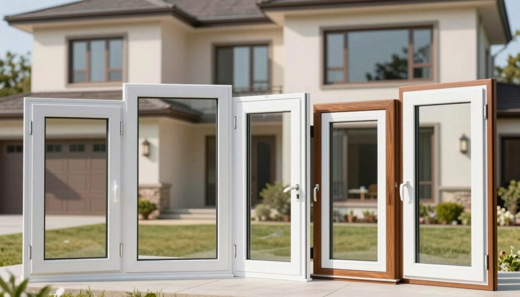 A detailed composition showcasing various types of windows, specifically focusing on PVC windows. In the foreground, feature a selection of window styles, including casement, sliding, and bay windows, arranged artistically. The middle ground should display close-up details of the frames and glass, highlighting textures and finishes, with subtle reflections. In the background, show a stylish modern home exterior that demonstrates these windows in context, bathed in natural sunlight to enhance the colors and features. Ensure the atmosphere is bright and inviting, with soft shadows to add depth. Use a wide-angle lens to capture the breadth of window designs, emphasizing variety and functionality while maintaining clarity and focus on each window type without any people present.