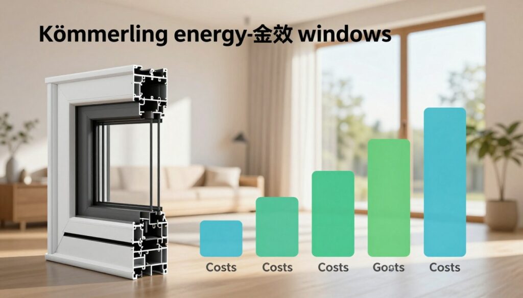 A detailed cost overview of Kömmerling energy-efficient windows, presented visually. In the foreground, showcase a sleek, modern graph or chart displaying costs associated with various window options, highlighted with soothing green and blue tones to convey energy savings. In the middle ground, include a stylized representation of a window frame with energy-efficient attributes, like triple glazing and thermal insulation. The background features a softly blurred image of a contemporary home, emphasizing natural light streaming through the windows. The scene is well-lit, using soft, diffused daylight to create a warm, inviting atmosphere. The composition should be professional, informative, and visually appealing, suitable for an article on selecting the best windows.
