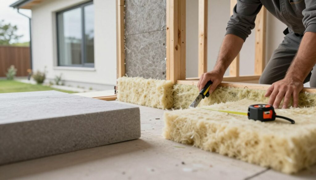 A detailed depiction of building insulation being installed to enhance the U-value of a house. In the foreground, close-up views of high-quality insulation materials like foam boards and mineral wool, with tools such as a cutter and a measuring tape. In the middle ground, a partially constructed wall showcasing the insulation process: a worker in modest clothing expertly applying insulation between wooden studs. In the background, a modern home with large windows, bathed in natural daylight, highlighting energy efficiency. The atmosphere is professional and focused, suggesting a commitment to sustainable building practices. Soft, natural lighting emphasizes clean lines and textures, with a slight depth of field to draw attention to the main subjects of insulation and construction.