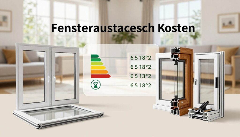 A detailed, high-resolution image illustrating the concept of "Fensteraustausch Kosten." In the foreground, various types of windows—double-glazed, triple-glazed, and energy-efficient models—are laid out on a soft, neutral background. The windows are sleek, showcasing their frames in different materials such as wood, aluminum, and vinyl. In the middle ground, a transparent overlay compares the cost and energy savings for each window type with icons representing energy efficiency and durability. In the background, a cozy, modern living room scene is softly blurred, featuring natural light streaming through beautifully designed windows. The atmosphere is bright and inviting, highlighting the theme of home improvement and financial investment in quality windows, captured from a slightly elevated angle for added perspective.