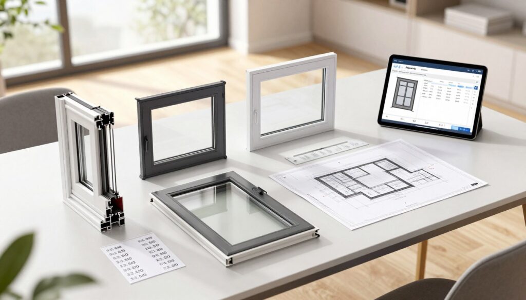 A detailed illustration of a modern window installation scene, showcasing various types of windows, including double-glazed and energy-efficient options, placed on a sleek, contemporary workspace table. In the foreground, clear and detailed price tags and calculations are visually represented next to each window type, emphasizing their costs. The middle ground features architectural blueprints and a digital tablet displaying a window cost calculator, providing a sense of planning and decision-making. The background displays a bright, well-lit room with natural sunlight filtering through large windows, reflecting a calm and informative atmosphere. Use soft lighting to enhance the clarity of the objects, and opt for a slightly elevated angle to capture the entirety of this engaging scene.