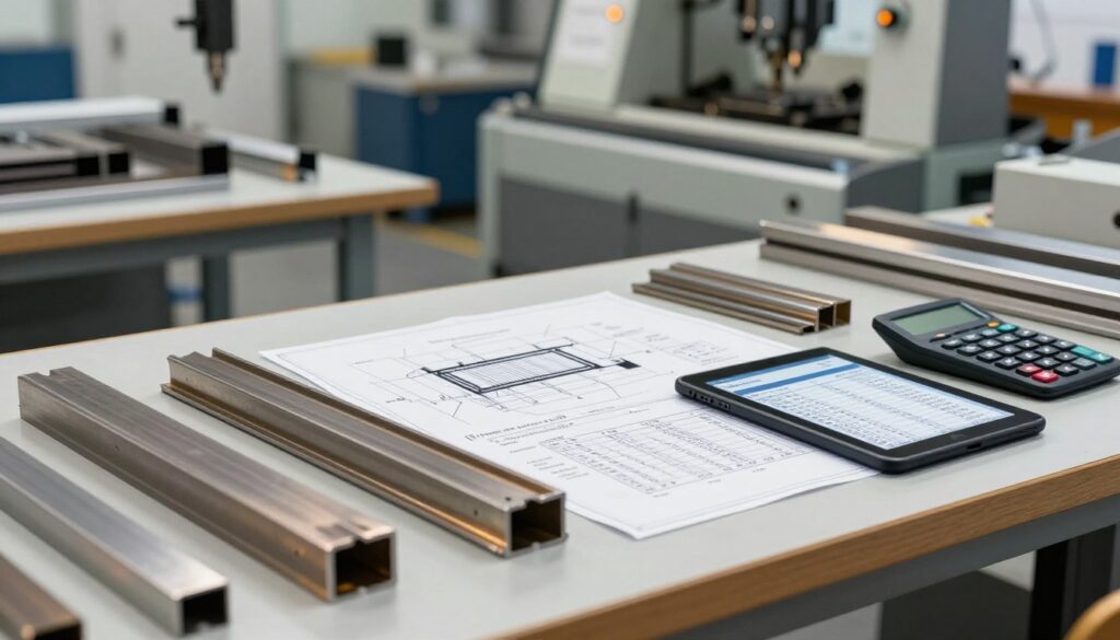 A detailed illustration of a profile manufacturing and cost planning process, depicting a modern workshop environment. In the foreground, various metal profiles in different shapes and sizes are meticulously organized on a clean workbench. In the middle ground, blueprints, calculators, and digital tablets display complex diagrams and cost spreadsheets, suggesting a thorough planning process. The background features advanced machinery, with precision tools and equipment that highlight the technical nature of profile production. Soft warm lighting enhances the professional atmosphere, creating a focus on innovation and craftsmanship. The entire scene evokes a sense of meticulous attention to detail and strategic financial planning, essential for selecting the best profile manufacturer.