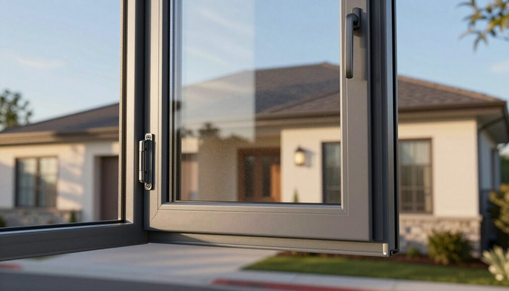 A detailed illustration of a robust security window in a modern residential setting. In the foreground, showcase the window design featuring multi-point locks and shatter-resistant glass, emphasizing intricate textures and reflective surfaces. The middle ground includes the window frame made of durable aluminum, highlighted by sleek lines and a minimalist aesthetic. The background features a cozy suburban home softly illuminated by warm afternoon sunlight, casting gentle shadows that enhance the structural integrity of the window. Utilize a slightly elevated angle to capture the entire window and its context. The atmosphere should evoke a sense of safety and comfort, with a clear blue sky and gentle greenery surrounding the home. The image must be professional, polished, and compositionally balanced, devoid of any human presence.