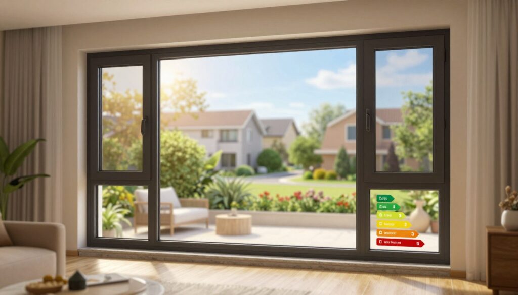 A detailed illustration of new energy-efficient windows showcasing their modern design and functionality. In the foreground, focus on a pair of stylish double-glazed windows with sleek frames adorned with energy ratings. In the middle ground, depict a cozy living room setting bathed in warm, natural light streaming through the windows, showing lush greenery and blue skies outside. In the background, illustrate a serene suburban neighborhood to emphasize the benefits of energy efficiency. Use soft, diffused lighting to create a welcoming atmosphere, highlighting reflections on the glass that imply warmth and comfort. The image should evoke a sense of investment in long-term savings and sustainable living, with an inviting, optimistic mood.