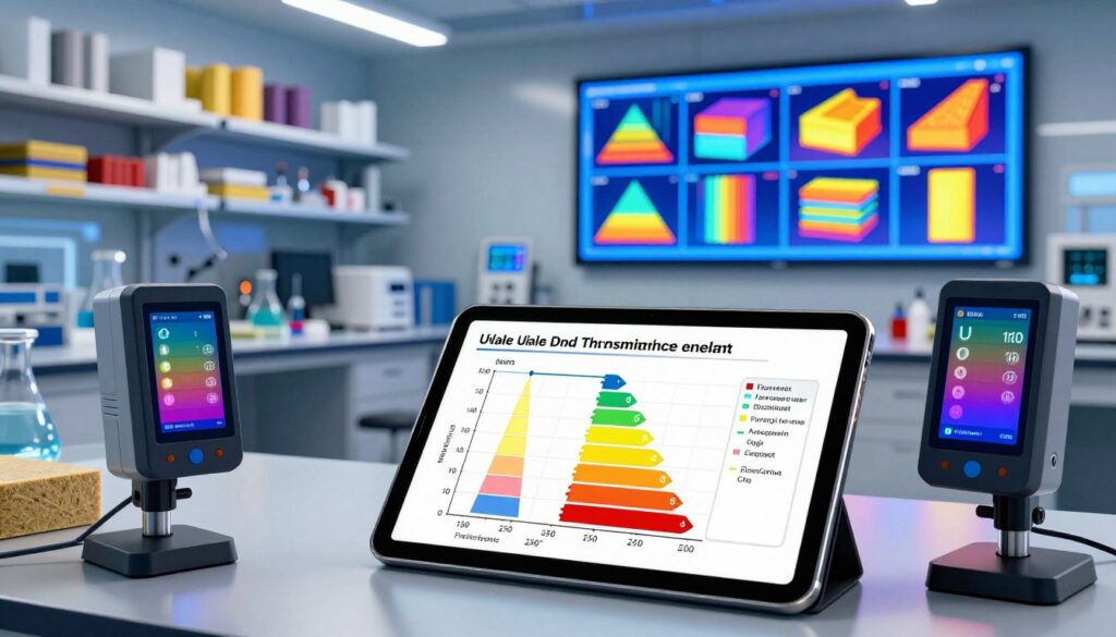 A detailed illustration of the calculation of the U-value and thermal transmittance coefficient, showcasing a vibrant, high-tech laboratory setting filled with scientific instruments and thermal imaging devices. In the foreground, a digital tablet displays a detailed graph and equations related to the U-value calculation, including layered material samples like insulation and walls. The middle ground features shelves lined with various construction materials, while a large display panel shows thermal images of different building elements. The background is illuminated with bright, focused lighting, enhancing the scientific atmosphere. The overall mood is analytical and professional, emphasizing energy efficiency and building performance in a modern context. The image should be clear and visually engaging, with a sense of depth and clarity, perfect for an informative article.