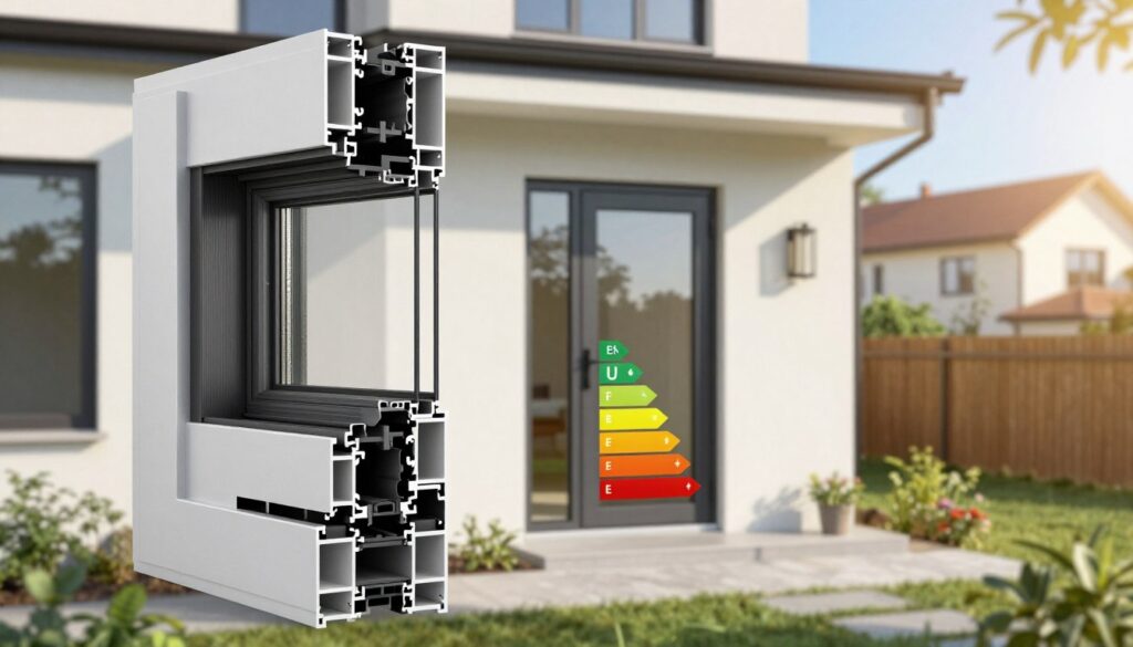 A detailed illustration showcasing the U-value in windows and doors, emphasizing energy efficiency in construction. In the foreground, depict a close-up of a modern window frame with clear thermal insulation layers, demonstrating U-value measurements through detailed graphics and icons. In the middle ground, a sleek door with similar energy-efficient components is highlighted, surrounded by a well-structured house facade. The background includes a scenic view of a residential neighborhood, bathed in warm sunlight to evoke a sense of comfort and sustainability. The mood is professional yet inviting, emphasizing clarity and innovation in building practices. Use bright, natural lighting and ensure a balanced composition that draws focus to the energy-efficient features of the windows and doors. The image should be clean, without any captions or text overlays.