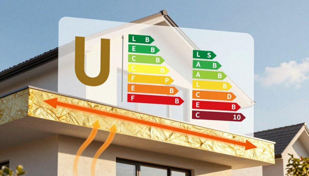 A detailed illustration showcasing the concept of U-value and energy efficiency during building renovation. In the foreground, display a modern house facade with thermal insulation layers depicted clearly, using arrows to illustrate heat flow. The middle ground should feature a translucent overlay of energy efficiency graphs and U-value metrics in a visually engaging style. In the background, a blue sky complements the scene, symbolizing a bright future in energy-efficient living. Warm, natural lighting casts soft shadows, enhancing the textures of the house materials. The overall mood is informative yet optimistic, focusing on sustainability and modern design, inviting the viewer to understand the importance of U-value in home renovations.
