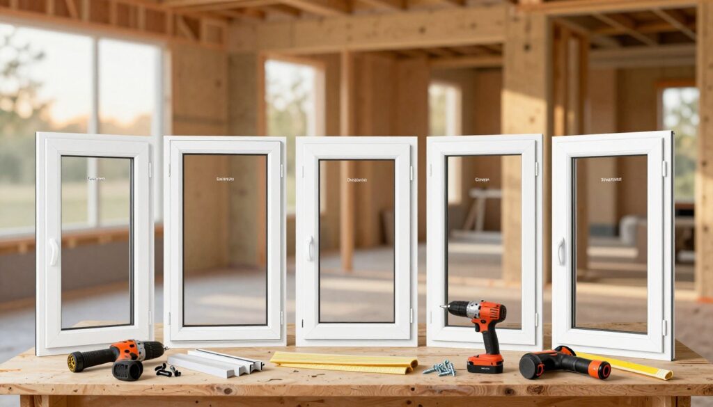 A detailed illustration showcasing various window types for installation. In the foreground, depict distinct window designs, such as casement, double-hung, and sliding windows, each with clear labeling of their features. The middle ground should include tools and materials commonly used for window installation, such as drills, screws, and insulation strips, arranged neatly on a workbench. In the background, create a softly lit construction scene with partially constructed walls and an open framework, emphasizing a warm afternoon glow filtering through the window openings. The overall mood should be informative and professional, conveying a sense of organized craftsmanship and focus on home improvement without any human figures present.