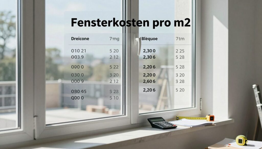 A detailed, informative visual representation of "Fensterkosten pro m2," showcasing a large, elegant window with a transparent grid overlay displaying cost metrics in an abstract manner. In the foreground, the window is framed beautifully, reflecting natural light and casting soft shadows on a sleek, modern wall. In the middle ground, scattered tools such as a calculator, measuring tape, and notepads imply a DIY renovation process. In the background, blurred elements of a construction setting are visible, emphasizing a professional atmosphere. The overall ambiance is bright and optimistic, with a cool color palette to evoke a sense of modernity and efficiency. The image should be polished and suitable for an informative article, free of distractions like text or human presence.