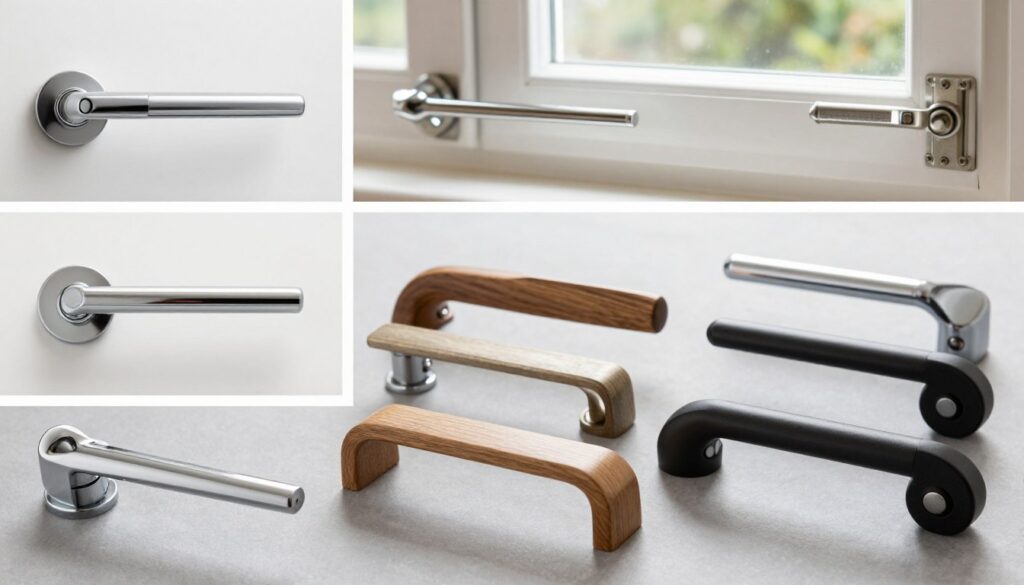 A detailed montage of various window handles, showcasing a range of styles and materials, including modern chrome, classic wooden designs, and minimalist black finishes. In the foreground, focus on an assortment of handles arranged aesthetically on a soft gray surface, with glimmers of natural light highlighting their textures. The middle ground features close-up views of intricate design elements, such as engravings and ergonomic shapes. In the background, blur out an elegant window frame to hint at the context of installation. The scene should evoke a professional, informative atmosphere, suitable for a home improvement theme, with gentle, diffused lighting to create a calm and inviting appearance. The overall composition should inspire confidence in choosing the right window handle.