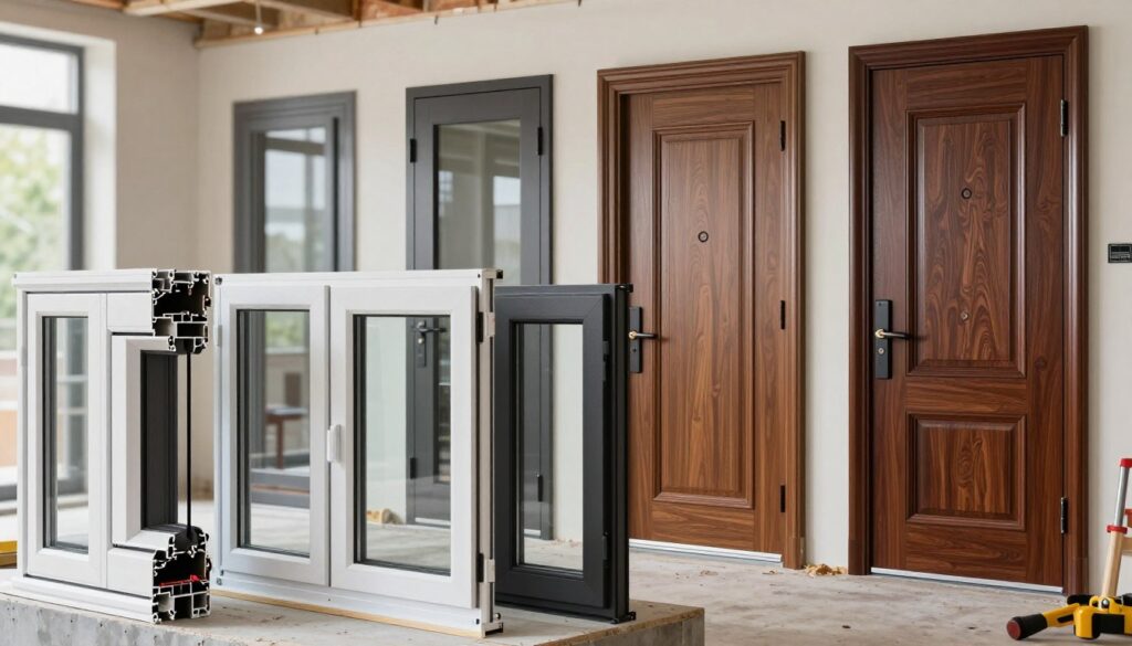 A detailed montage showcasing a variety of windows and doors from the Schüco brand, emphasizing installation and assembly techniques. In the foreground, an array of modern aluminum windows with sleek designs, showcasing different styles and finishes. In the middle ground, robust entry doors with intricate detailing and textures, illuminated by soft, natural lighting to highlight their features. The background features a construction site with tools and equipment relevant to installation, creating a professional atmosphere. The perspective is slightly tilted to provide depth, with a focus on the craftsmanship and quality of Schüco products. The overall mood is one of professionalism and attention to detail, capturing the essence of window and door installation.
