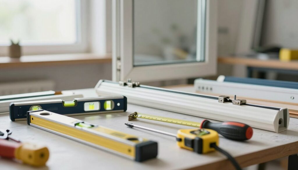 A detailed scene illustrating the process of adjusting a window, focusing on a variety of tools and equipment laid out neatly on a workbench. In the foreground, there are precision instruments like a level, tape measure, and screwdriver, reflecting the meticulous nature of the task. The middle ground features an open window with visible adjustment mechanisms like screws and hinges, emphasizing the focus on window adjustments. In the background, a well-lit workshop is visible, with soft natural light streaming in from another window, enhancing the ambiance of productivity and preparation. The overall mood is calm and organized, conducive to careful work. The image should evoke a sense of professionalism and readiness for the task at hand without any people present.