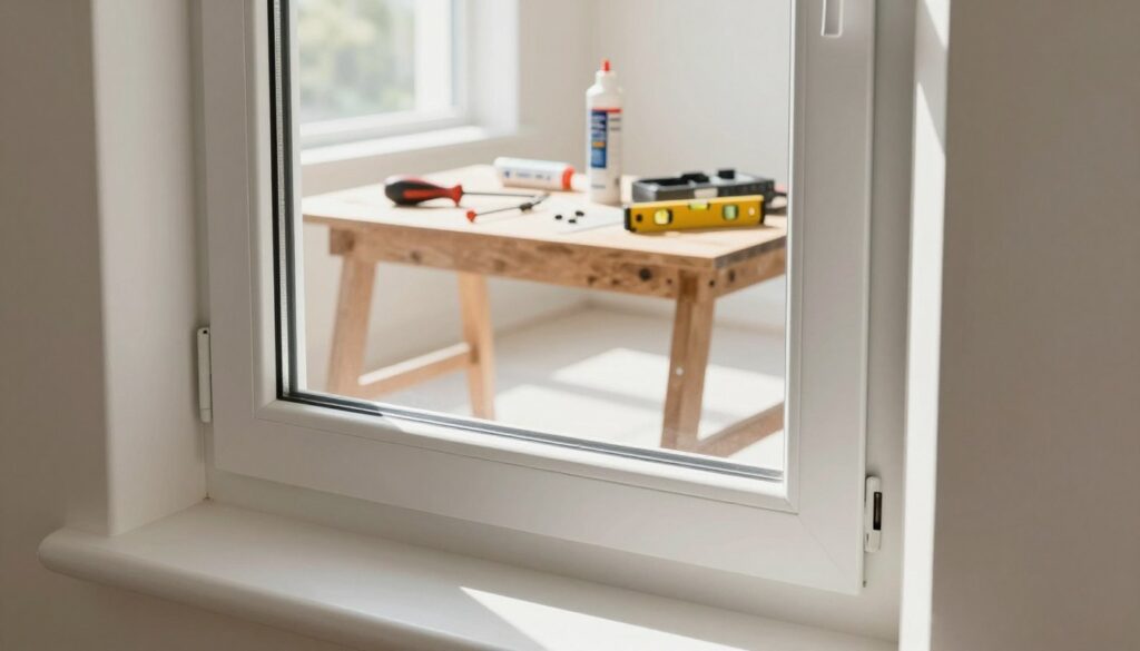 A detailed scene of a professional window installation after completion, showcasing a pristine interior environment. In the foreground, we see a newly installed window, featuring clear double glazing and elegant trimming. The middle ground displays an organized workspace with tools neatly arranged on a wooden table—screwdriver, level, and sealant. In the background, bright natural light floods the room, highlighting freshly painted walls and clean flooring, creating a warm and inviting atmosphere. Soft shadows from the window frame enhance the depth of the image, and the overall mood is one of satisfaction and accomplishment. The scene captures the essence of a successful installation, focusing on quality and detail, without any people present.