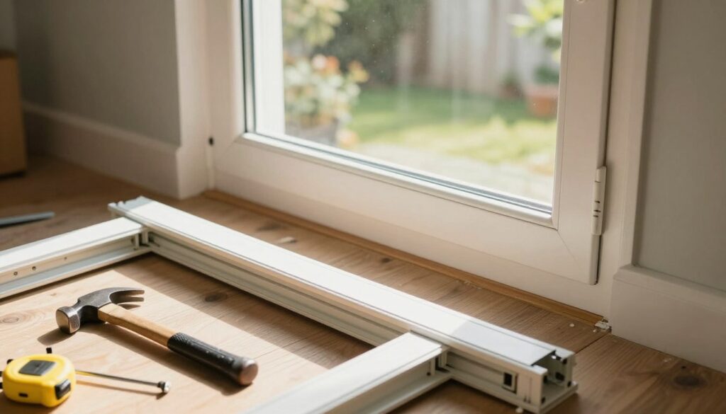 A detailed step-by-step window installation scene, showcasing the process of exchanging a window in a residential setting. In the foreground, a partially removed old window frame lies on the ground, with tools like a hammer, screwdriver, and measuring tape visible nearby. The middle ground features a newly installed window, emphasizing clean lines and modern design, allowing natural light to stream through. The background includes a cozy, well-lit room with painted walls and a view of a sunny garden outside. Soft, warm lighting enhances the inviting atmosphere, while the angle captures the installation work from a slight overhead perspective, highlighting the technical aspects involved in the process. No people are present in the scene.