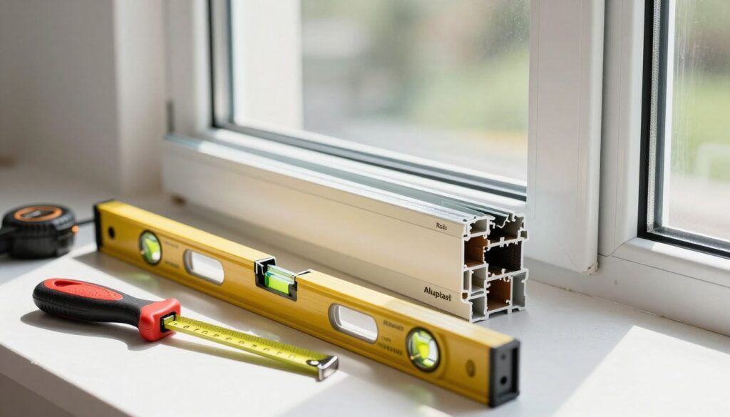 A detailed view of a modern window installation scene focusing on Aluplast quality. In the foreground, showcase precision tools like a level and tape measure laid out next to an Aluplast window frame, emphasizing the craftsmanship involved in assembly. In the middle ground, display a partially installed window, with clear seals and fitting details visible, demonstrating high-quality materials. The background should suggest an airy interior, with natural light streaming through the window, casting soft shadows that enhance the focus on the installation process. The ambiance should feel professional and organized, reflecting a DIY or expert installation environment. Use a slightly elevated angle to convey depth and context, and ensure the scene is vibrant yet realistic, with correct lighting to highlight the textures of the materials.