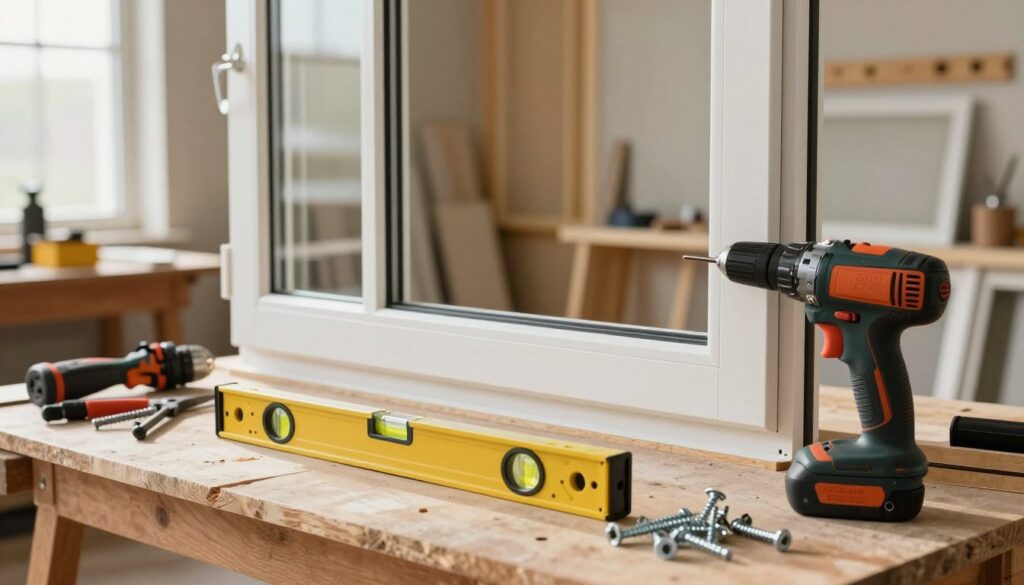 A focused image of a window installation process, showcasing the tools and materials used for the task. In the foreground, display a well-organized array of installation tools, such as a level, electric drill, and screws, neatly laid out on a sturdy workbench. In the middle, depict a partially installed window frame, illustrating the precise alignment and fitting into a wooden wall structure. In the background, a bright workshop filled with natural light from large windows, highlighting the workspace environment. Use a warm color palette to evoke a sense of productivity and focus, with soft shadows to add depth. The mood should convey an atmosphere of dedication to quality workmanship, avoiding any depiction of human figures.