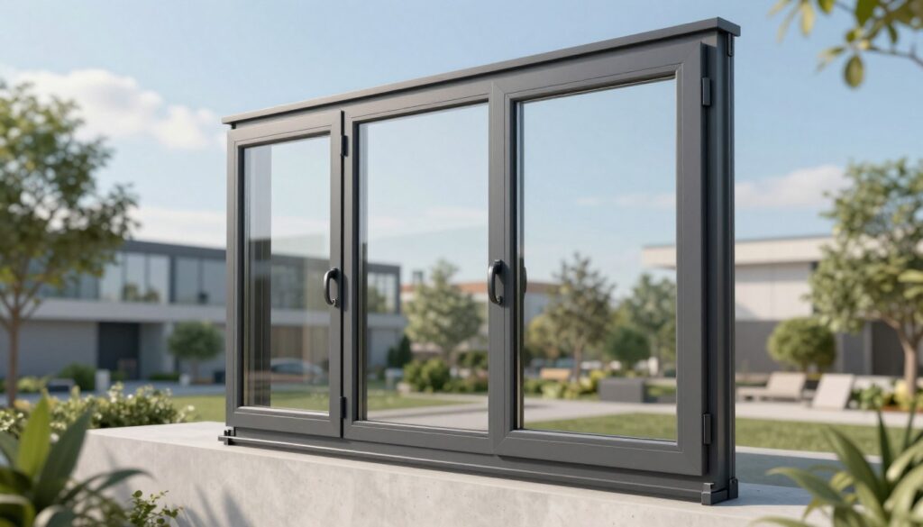 A high-quality, detailed image showing a modern Schüco window installed in a sleek, energy-efficient building. In the foreground, focus on the window, highlighting its elegant frame and integrated sustainability features such as triple-glazing and solar control. In the middle ground, depict a well-designed urban environment with greenery, suggesting a harmonious blend of nature and technology. The background should feature a clear blue sky to symbolize sustainability and innovation. Soft, natural lighting enhances the elegance of the window, creating reflections that showcase its craftsmanship. The overall mood is professional and inviting, emphasizing customer satisfaction and positive experiences with Schüco products.