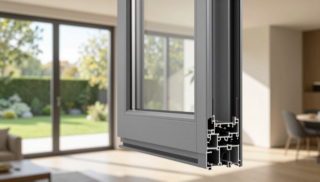 A high-quality, modern Kömmerling Kunststofffenster showcased in a contemporary architectural setting. In the foreground, focus on the intricate details of the window frame, highlighting its sleek design and energy-efficient features. The middle ground captures a well-lit, spacious room with natural light pouring in, emphasizing the window's role in blending indoor and outdoor spaces. The background features a picturesque view of a green garden bathed in sunlight, enhancing the serene atmosphere. Use soft, natural lighting to create a warm and inviting mood, with a slight depth of field to draw attention to the window itself, while keeping the overall image professional and polished.