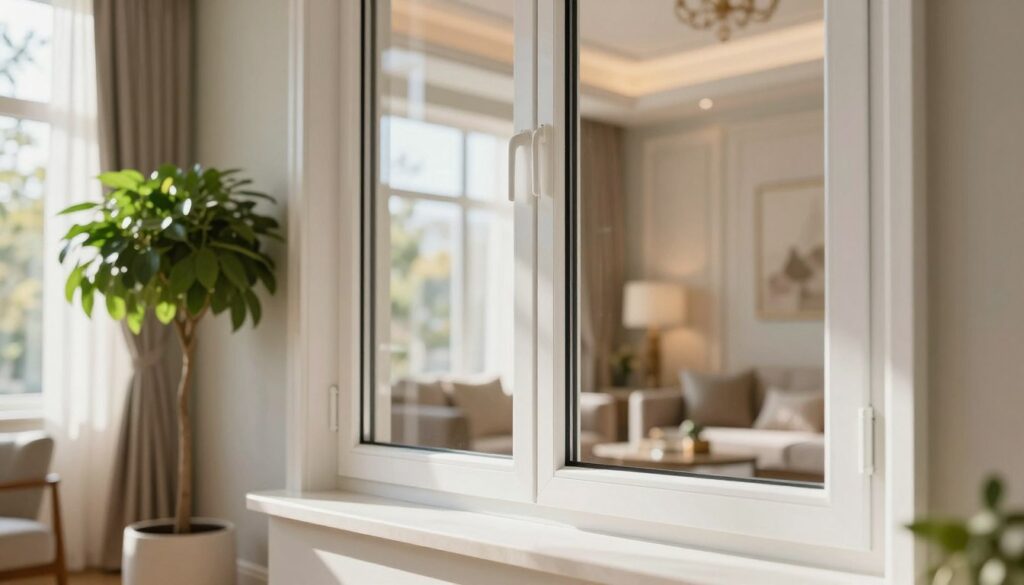 A high-quality window installation showcased in a beautifully designed room. In the foreground, focus on a sleek, modern double-glazed window with a clean frame, crafted from premium materials. The middle ground features a stylish interior setting, including elegant curtains and a well-manicured indoor plant that adds a touch of freshness. The background includes a softly lit living space with warm, inviting colors, showcasing tasteful decor that complements the window’s aesthetics. Soft sunlight streams through the window, creating gentle reflections and illuminating the room, enhancing the comfort and care theme. Aim for a bright, serene atmosphere that highlights the importance of maintaining custom windows for elegance and functionality, using a soft-focus lens and a slight angle to capture depth.