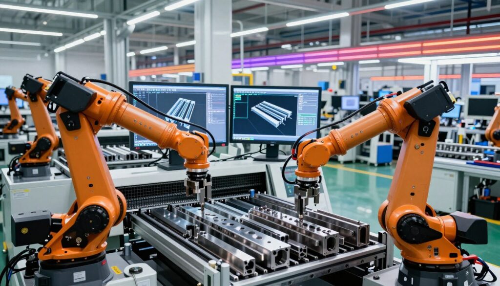 A high-tech, modern manufacturing environment showcasing advanced profile manufacturing technology. In the foreground, intricate machinery and robotic arms are assembling various metallic profiles with precision. The middle ground features digitally inclined workstations displaying CAD designs and on-screen simulations of profile production processes. In the background, vibrant LED lighting illuminates a spacious factory floor filled with high-tech equipment and machinery, conveying innovation and efficiency. The scene is shot with a wide-angle lens to capture the expansive workspace, framed with dynamic angles that evoke a sense of cutting-edge technology and creativity. The atmosphere is bright and futuristic, highlighting the synergy between machinery and digital technology in profile manufacturing.
