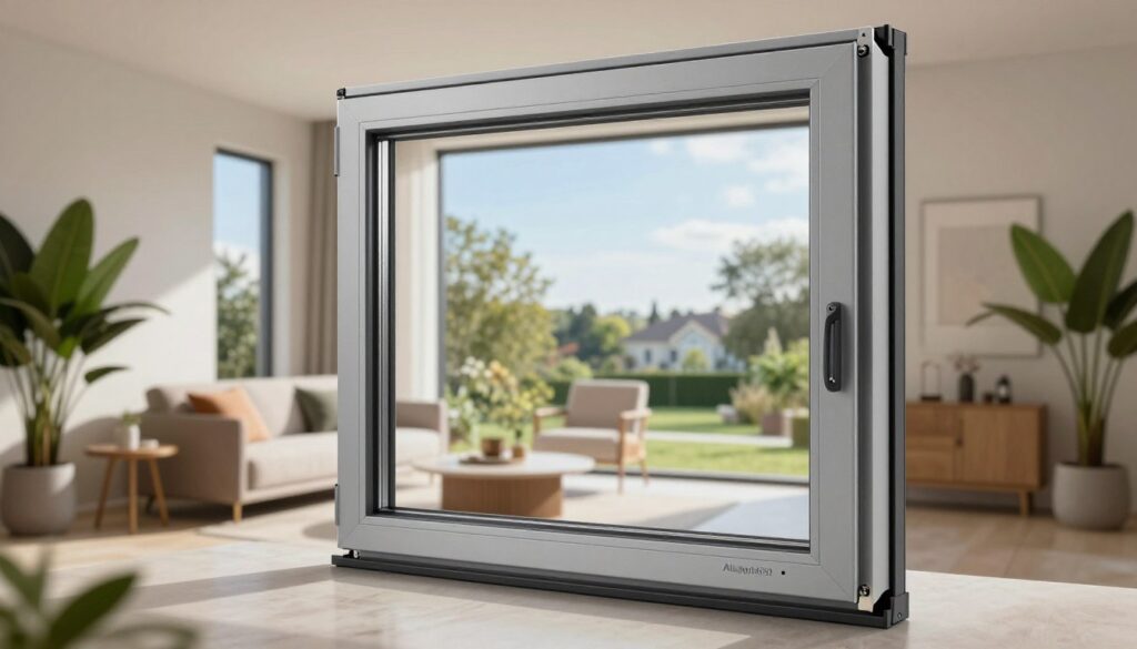 A modern Aluplast window design, showcasing sleek lines and energy-efficient features, prominently positioned in the foreground. The window frame is crafted from durable PVC with a stylish aluminum exterior finish. In the middle ground, a spacious and bright living room is visible, featuring soft natural lighting streaming through the window, illuminating elegant furnishings and vibrant indoor plants. In the background, a tranquil suburban landscape is seen through the window, including green trees and a clear blue sky. The overall mood is inviting and sophisticated, emphasizing quality and comfort. Use a soft focus effect to highlight the window's details, captured from a slightly angled perspective to emphasize depth and elegance.