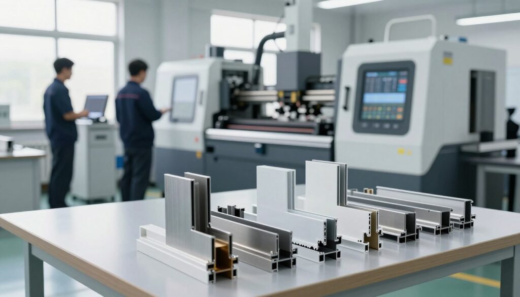 A modern and sleek factory setting showcasing various profile manufacturing processes. In the foreground, display a selection of custom profile samples, including aluminum and plastic profiles, meticulously arranged on a polished workbench. In the middle ground, depict advanced machinery in action, with engineers monitoring production at control panels, all in professional attire. The background features large windows allowing natural light to pour in, illuminating the workspace. Create a clean, organized atmosphere that conveys precision and innovation. The lighting should be bright and evenly distributed to enhance the details of the materials and machinery, evoking a mood of professionalism and reliability.