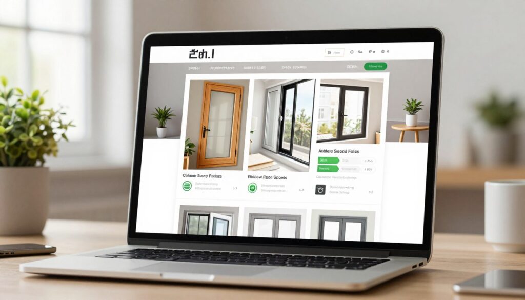 A modern and sleek online window comparison platform interface, displayed on a high-resolution laptop screen. In the foreground, a close-up view of a vibrant, interactive website showcasing various window materials, such as wood, vinyl, and aluminum, each with descriptive icons illustrating their properties like energy efficiency and durability. In the middle ground, an attractive, well-organized layout with clear sections for pricing, styles, and user reviews, all set against a stylish, minimalistic workspace background featuring potted plants and soft ambient lighting. The mood is warm and inviting, reflecting a sense of ease and professionalism. Bright, natural light streams in from a well-framed window in the background, enhancing the overall clarity and aesthetic appeal of the scene.