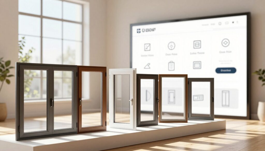 A modern and sleek window display showcasing a variety of windows available for online purchase. In the foreground, an array of window styles, including double-hung, casement, and sliding windows, arranged in an inviting way, highlighting their features and textures. The middle ground features a light, airy room with sunlight streaming through the windows, casting warm shadows that create a cozy atmosphere. In the background, a digital interface simulating an online shopping experience, with neatly arranged icons and buttons illustrating the ease of ordering windows online. The lighting is soft and bright, emphasizing cleanliness and modernity, while the overall mood exudes comfort and convenience. The perspective is slightly angled to invite the viewer into the space.