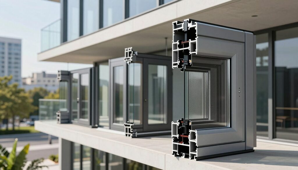 A modern architectural scene showcasing Schüco window profiles and advanced Schüco systems. In the foreground, a sleek, energy-efficient window frame is highlighted against a backdrop of a contemporary building. The middle layer features additional Schüco window designs, emphasizing their innovative features like thermal insulation and integrated shading systems. The background includes a sunny urban landscape, with tall buildings and greenery that reflects sustainability. Soft, natural lighting enhances the textures and details of the window profiles, creating a polished and professional atmosphere. Capture the essence of modern architecture, showcasing the beauty and functionality of Schüco systems in a clear, captivating angle. The mood should convey trust and reliability, aligning with the idea of choosing the best windows and doors.